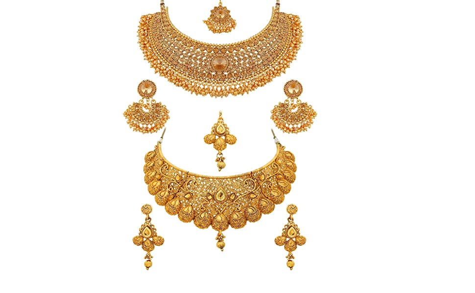 Glamorous Gold Plated Choker Necklace Set Combo