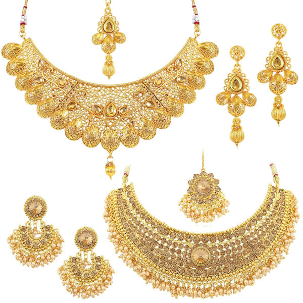 Glamorous Gold Plated Choker Necklace Set Combo